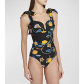 Printed Lace up One Piece Swimsuit