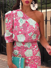 Asymmetric Flower Print Half Sleeves Loose One-Shoulder Maxi Dresses