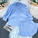 Blue Striped Shirt and Skirts Two Piece Set Flaxmaker