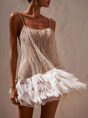 Shiny Sequinned Feathers Splicing Sleevless Spaghetti-Neck Evening Mini Dresses