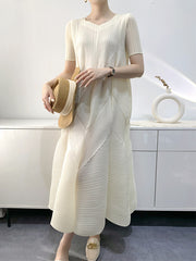 Pleated Solid Color Split-Joint Loose Short Sleeves V-Neck Midi Dresses