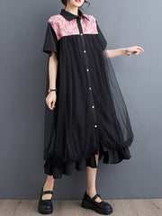 Falbala Printed Split-Joint Loose Short Sleeves Lapel Midi Dresses