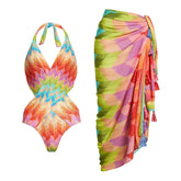 Halter Cut Out Printed One Piece Swimsuit and Sarong Flaxmaker
