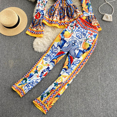 Tie Neck Retro Printed Long Sleeve Shirt and Pants Set Flaxmaker