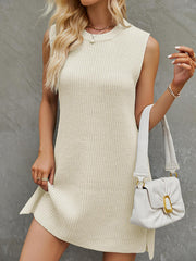 Solid Color Split-Side Tied Waist A-Line Loose Round-Neck Sweater Dresses Mini Dresses