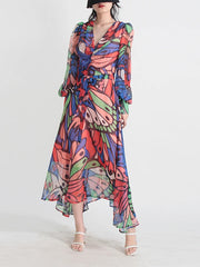 Buttoned Printed Split-Joint High Waisted Long Sleeves V-Neck Midi Dresses
