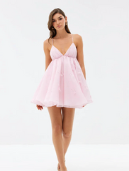 Pink Flare Cami Mini Dress - V-Neck Tie-Up