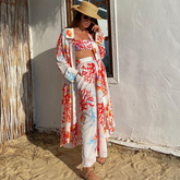 Underwater World Coral Printed Red Shirt Wide Leg Pants Four Piece Set