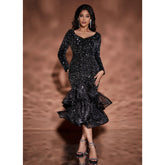 V Neck Sequin Long-sleeved Ruffle Dress
