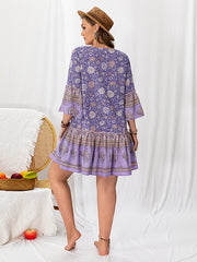 Bohemia Loose Flared Sleeves Floral Printed V-Neck Mini Dresses