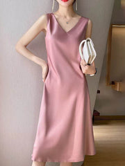 Solid Color A-Line Loose V-Neck Midi Dresses