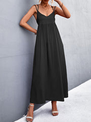 Backless Solid Color Tied A-Line High Waisted Deep V-Neck Slip Dress Midi Dresses