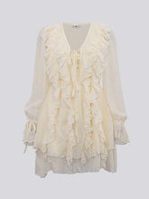 Ruffle Trim Solid Color Tied A-Line High Waisted V-Neck Mini Dresses