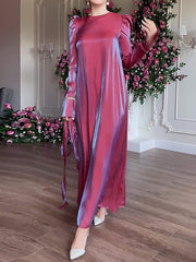 Pleated Solid Color Tied Waist Zipper A-Line Long Sleeves Round-Neck Maxi Dresses