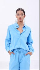 Flaxmaker Fashion Casual Shirt Collar Solid Color Two Piece Set