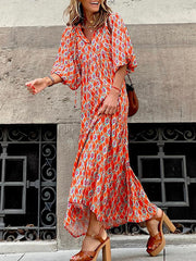 Bohemia Puff Sleeves Plaid V-Neck Dress