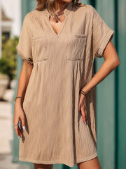 Pleated Solid Color Split-Joint Loose Short Sleeves V-Neck Mini Dresses
