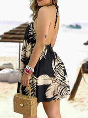 Contrast Color Leaf Printed Loose Sleeveless Halter-Neck Mini Dresses