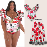 Plus Size Ruffle Rose Print Swimsuit and Skirt Flaxmaker