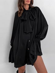 Buttoned Elasticity Pleated Solid Color Tied Zipper A-Line Flared Sleeves Stand Collar Mini Dresses