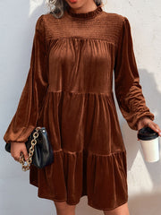 Pleated Solid Color Split-Joint Velvet A-Line Long Sleeves Mock Neck Mini Dresses