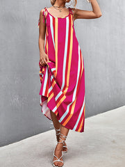 Contrast Color Striped Tied Loose Sleeveless U-Neck Slip Dress Midi Dresses