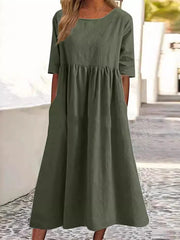 Pleated Pockets Solid Color A-Line Half Sleeves Round-Neck Midi Dresses