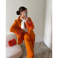 Feather Solid Color Blazer Two Piece Set