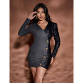 Long-sleeved V Neck Leather Bodycon Dress