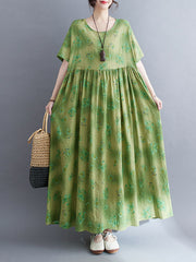 Floral Printed Loose Short Sleeves Round-Neck Midi Dresses