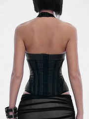 Black Mesh Halter Corset Top - Structured Streetwear Style
