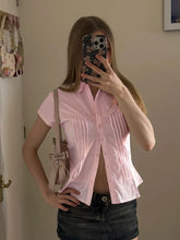 Pink / White Pleated Seam Short Sleeve Buttoned Blouse