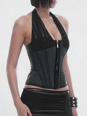 Black Mesh Halter Corset Top - Structured Streetwear Style