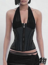 Black Mesh Halter Corset Top - Structured Streetwear Style