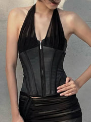 Black Mesh Halter Corset Top - Structured Streetwear Style