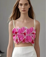Pink 3D Orchid Pearl Strap Crop Top - Solid Jersey Cami