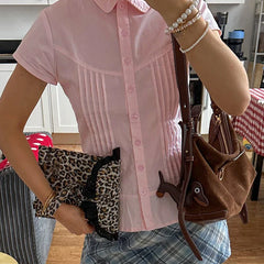 Pink / White Pleated Seam Short Sleeve Buttoned Blouse