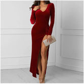 Spring Burgundy Velvet Casual Bodycon Vintage Maxi Dress
