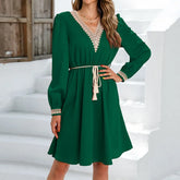 Solid Color Spliced Lace Up Fashion Midi Dress