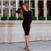 Spring Knitted Cotton Gray Casual Long Sleeve Bodycon Dress