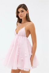 Pink Flare Cami Mini Dress - V-Neck Tie-Up