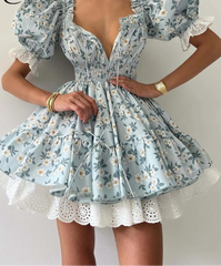 Puff Sleeve Tie Up Elastic Puff Sleeve Mini Dress