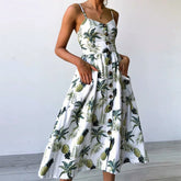 Beach Printing Suspenders Robe V Neck Seeveless 's Vestiti Donna Midi Dresses