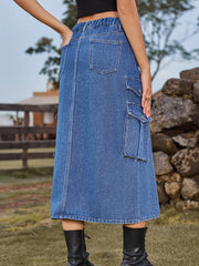 Casual Split Long High Waisted A Line Cargo Jean Skirt