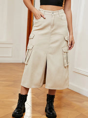 Casual Split Long High Waisted A Line Cargo Jean Skirt