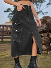 Casual Split Long High Waisted A Line Cargo Jean Skirt