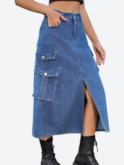 Casual Split Long High Waisted A Line Cargo Jean Skirt