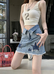 Y2k Star Patch Raw Hem Cuffs A line Short Skirt