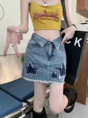 Y2k Star Patch Raw Hem Cuffs A line Short Skirt