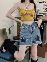 Y2k Star Patch Raw Hem Cuffs A line Short Skirt